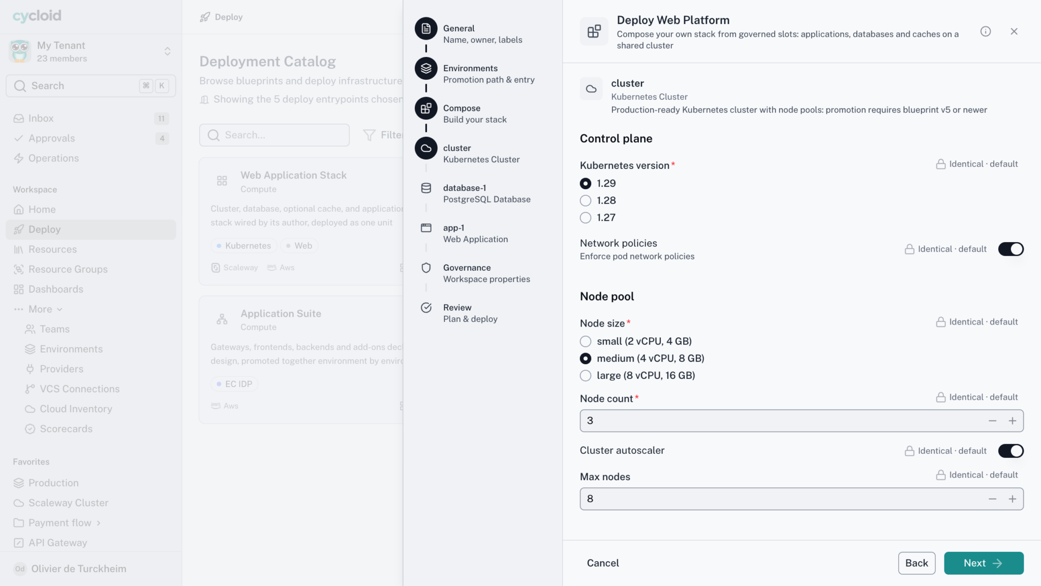 Deploy flow: settings locked to governed defaults, from general details to review