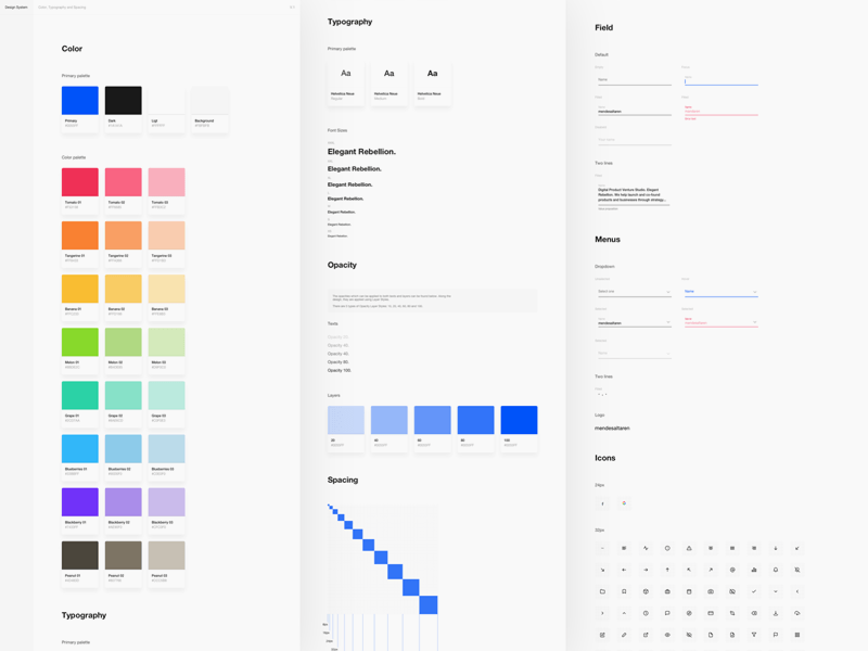 Design system: color, typography, opacity, spacing, fields, menus and icons